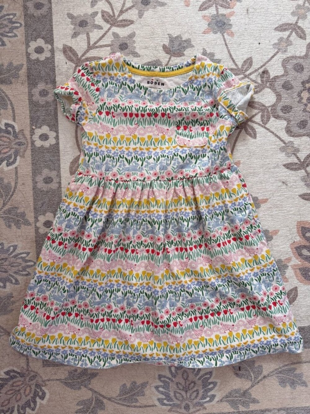 Mini Boden Floral Bunny Little Girl Sundress Cotton Flowy Cottage Kids 6-7